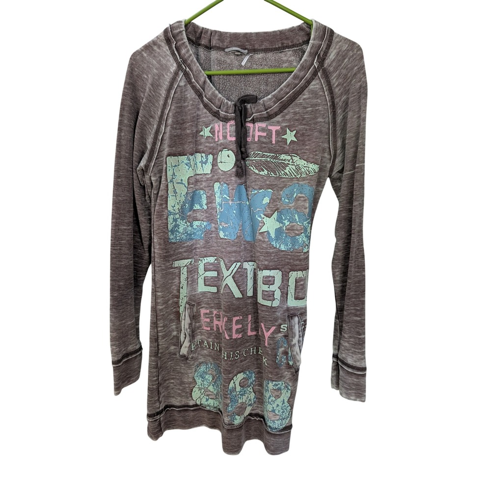 Anama Brown Acid Wash Graphic Tunic Sweatshirt Medium Pockets Raglan Sleeve